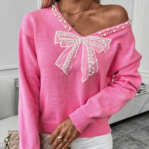 Women's Long Sleeve V-Neck Pearl Bow Knit Sweater - Picture 1 of 4